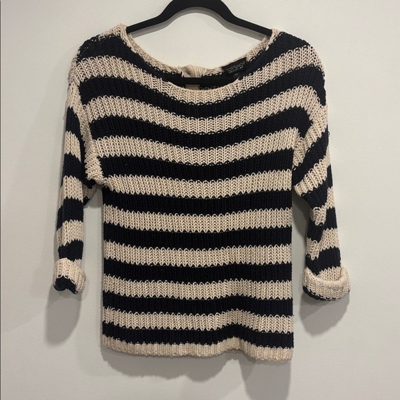 Topshop Off-Shoulder Sweater in Dark Blue and Cream Stripes. 100% Wool. - Picture 1 of 11